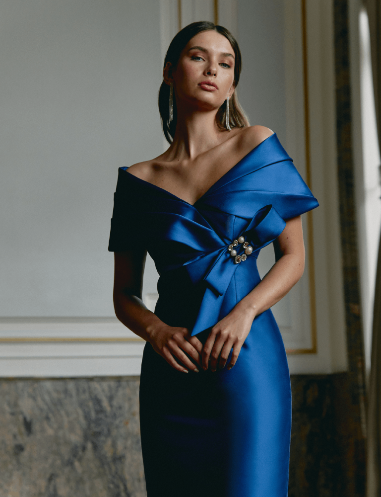 gabriele sanchez blue dress with bow