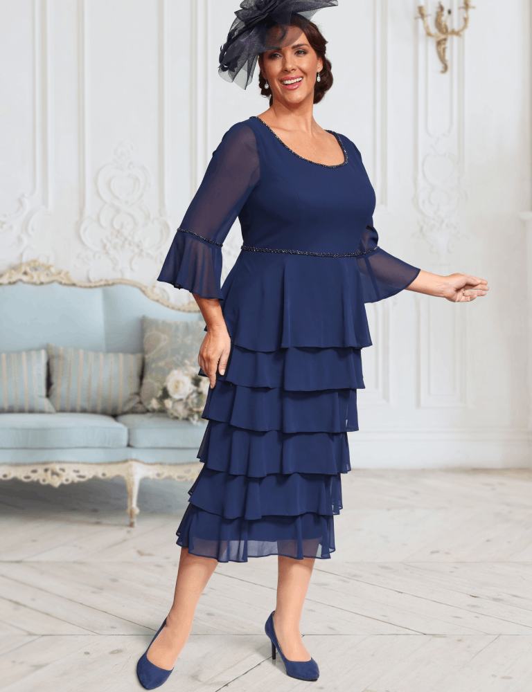 dressed up navy occasion dress with ruffled skirt