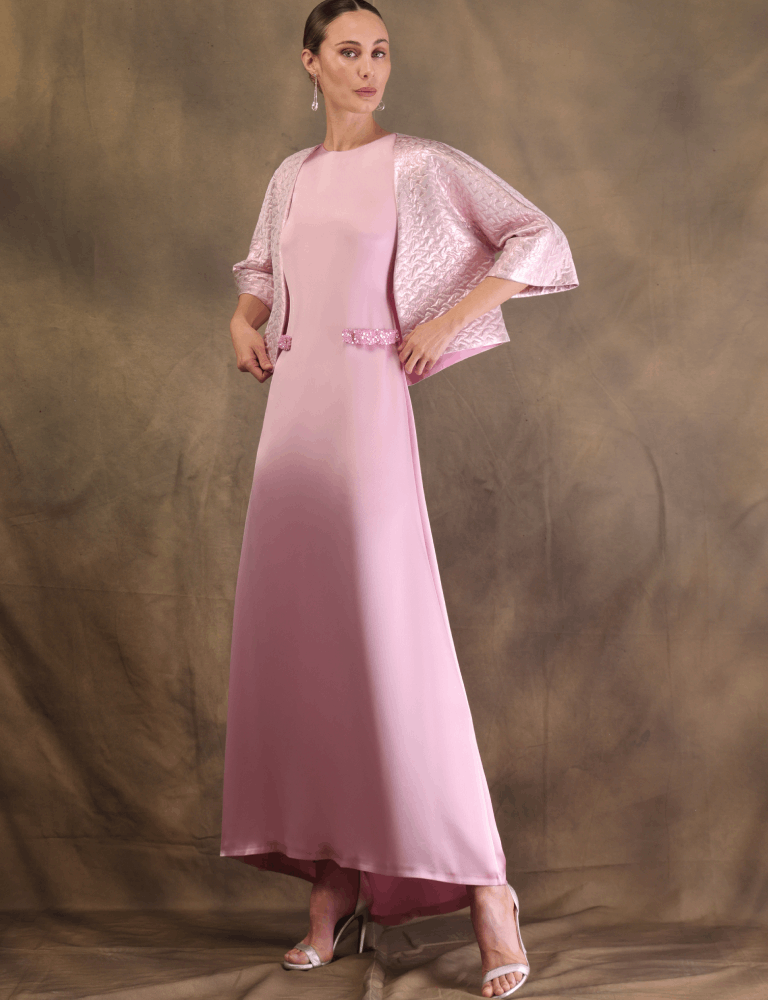 Elegant pink Fely Campo dress with matching textured jacket and sequin belt detail