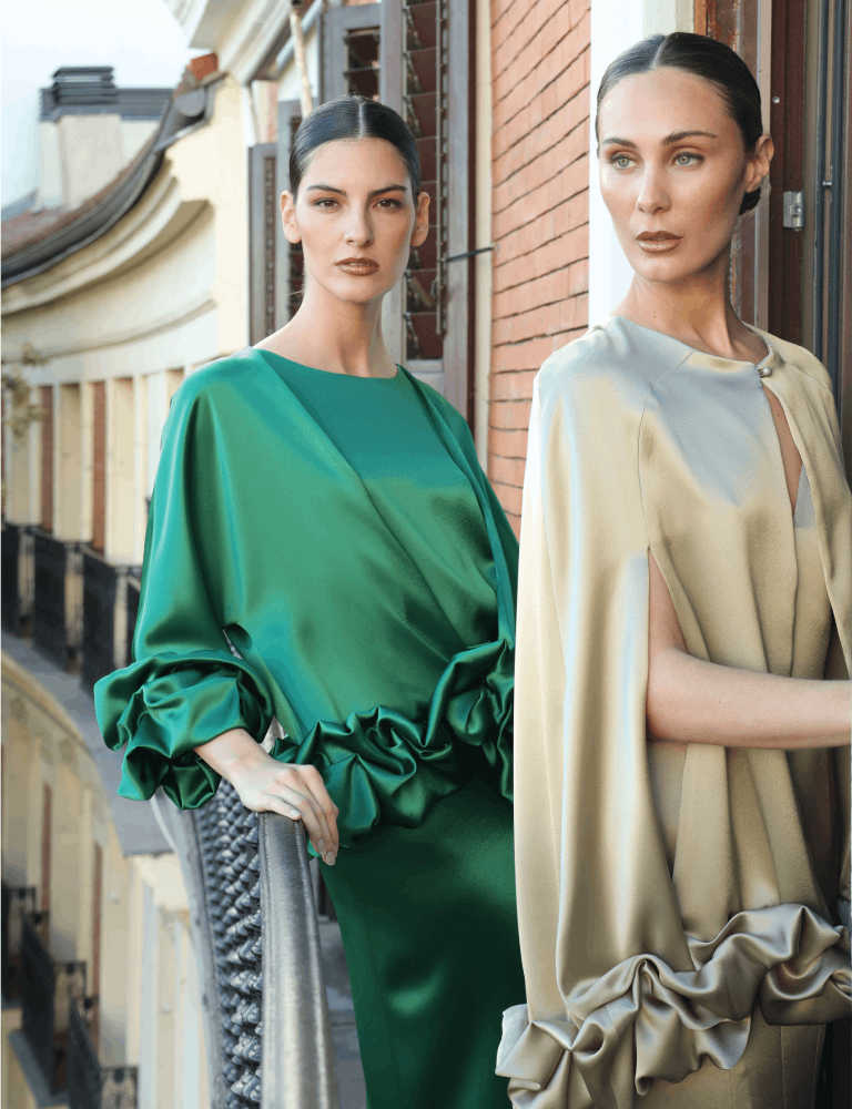"Fely Campo satin dresses with voluminous ruffle details at the sleeves and hems