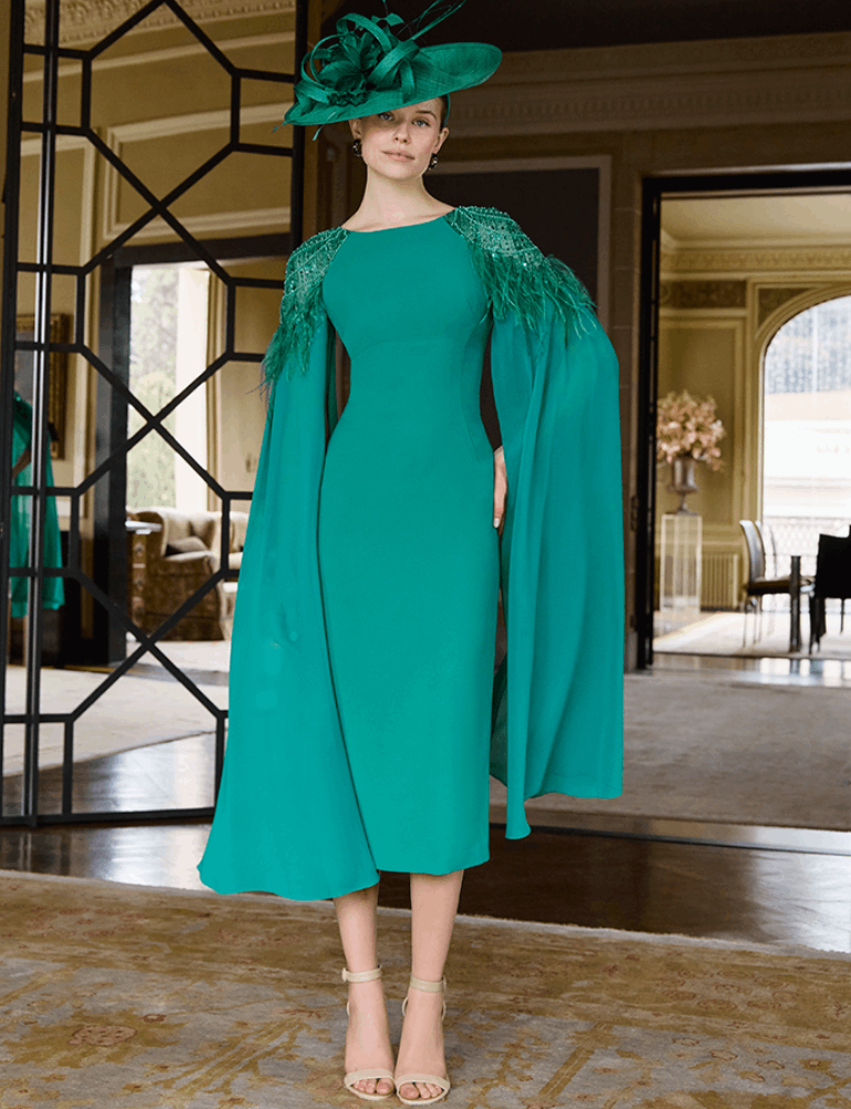 Green Couture Club midi dress with feathered shoulders and flowing cape sleeves