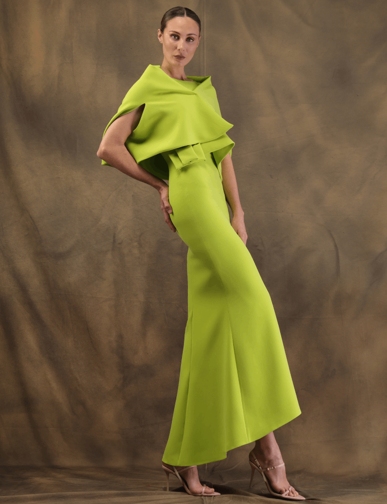 Striking lime green Fely Campo gown with structured layered neckline and fitted silhouette