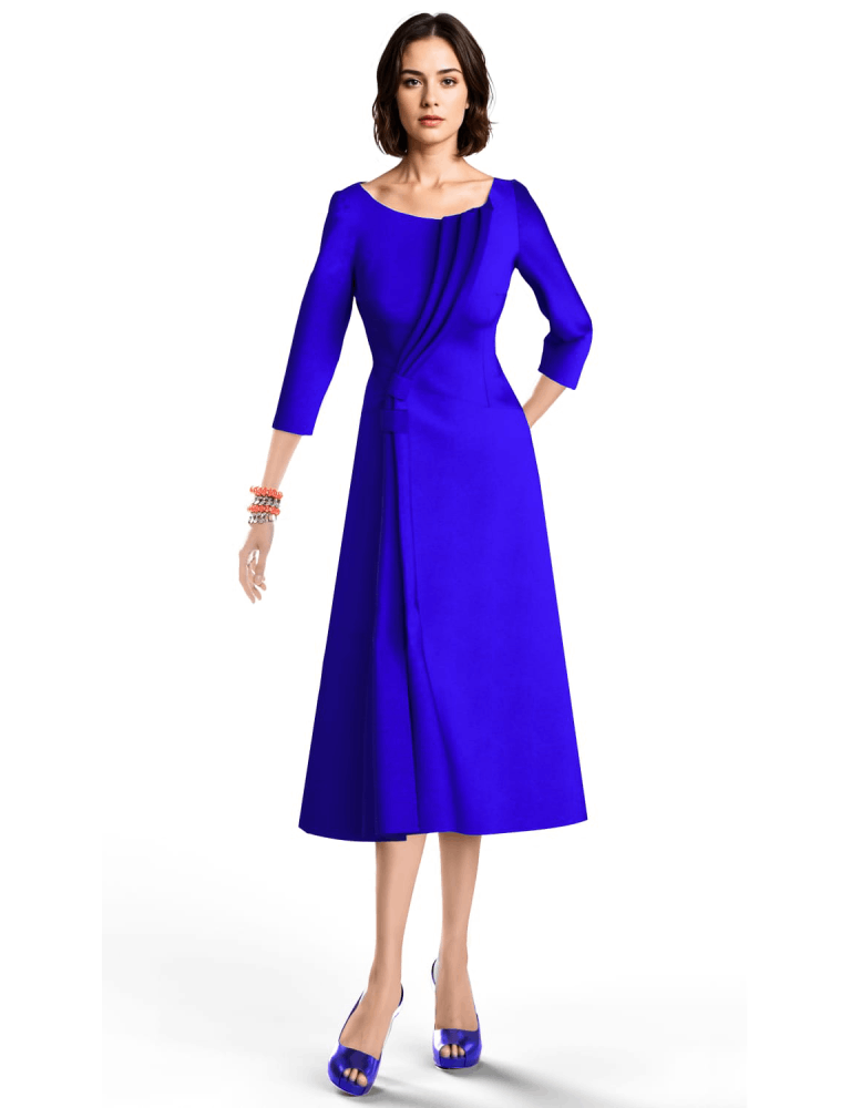 Teresa Ripoll cobalt blue midi dress with three-quarter sleeves, pleated bodice detailing, and structured A-line silhouette.