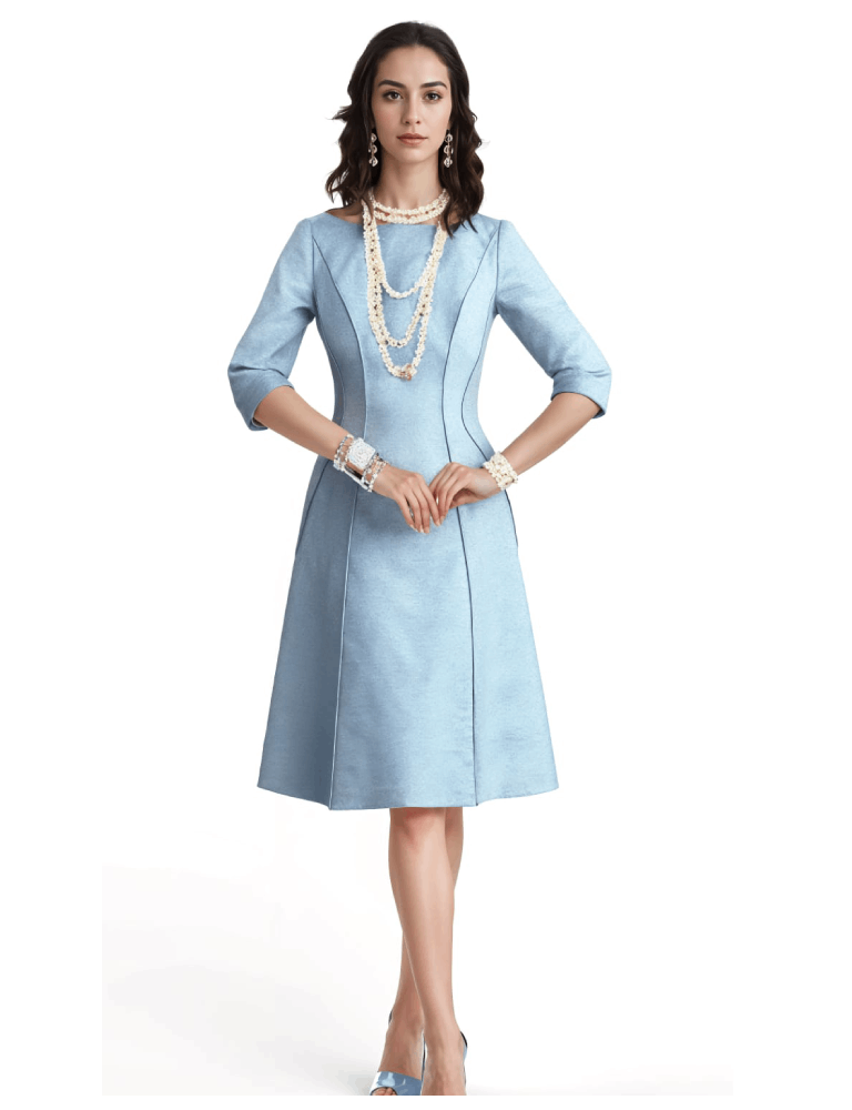 Teresa Ripoll pale blue A-line dress with structured seam detailing, elbow-length sleeves, and elegant simplicity.