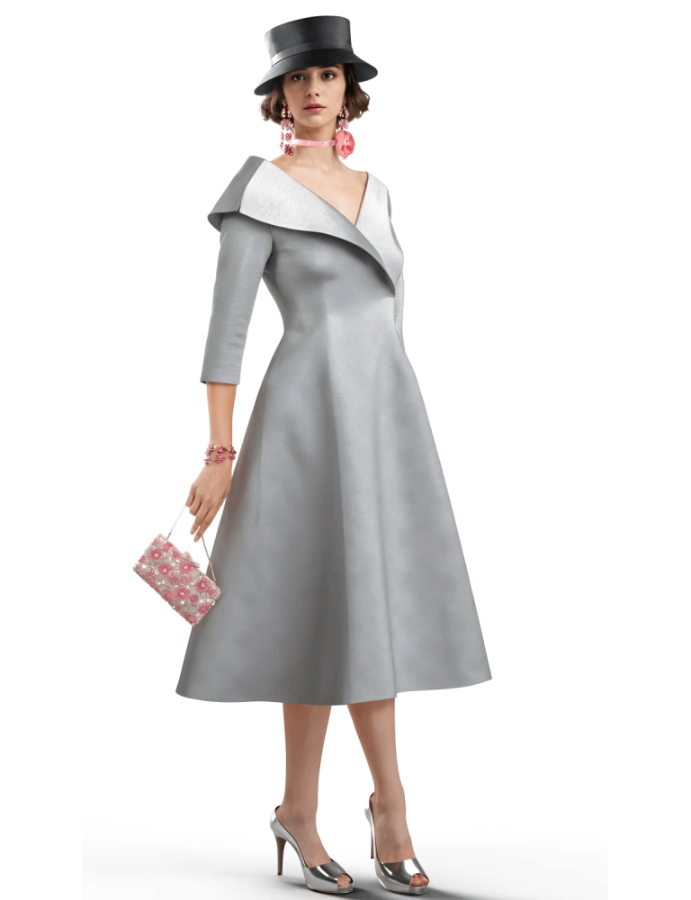 Teresa Ripoll silver A-line dress featuring a dramatic off-shoulder collar, three-quarter sleeves, and a sleek, structured silhouette — timeless elegance with a modern twist.